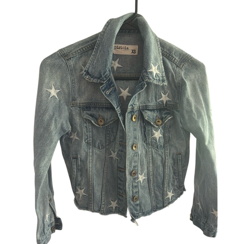 Pistola Womens XS Star Print Denim Jacket Light Wash Blue Cropped Raw Hem